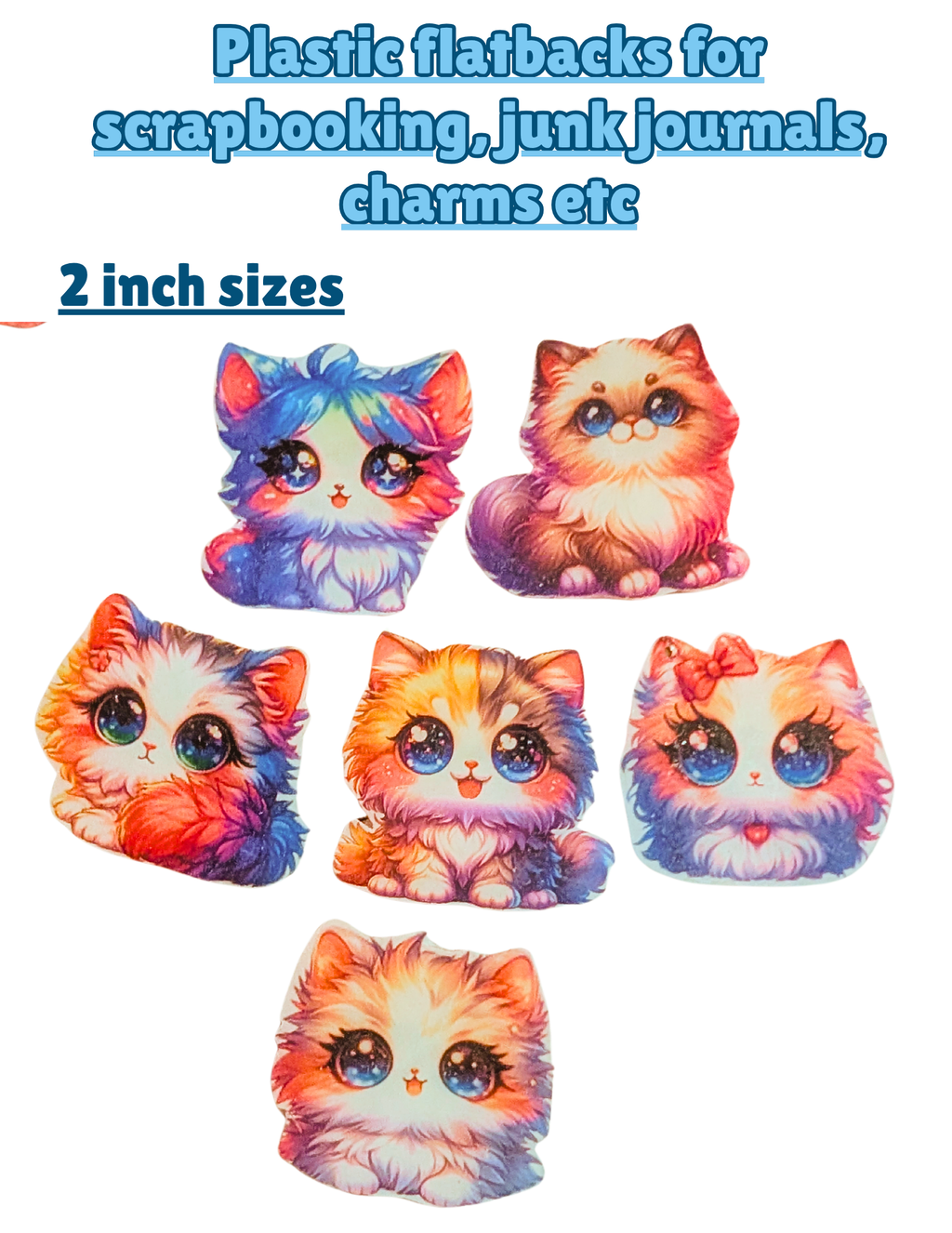 Kawaii Cat Plastic Flatbacks for Scrapbooking, Junk Journals, Charms – 2 Inch
