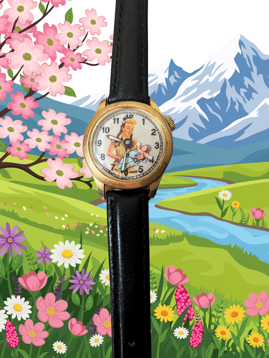 1950s U.S. Time Girl Rocking Baby Watch