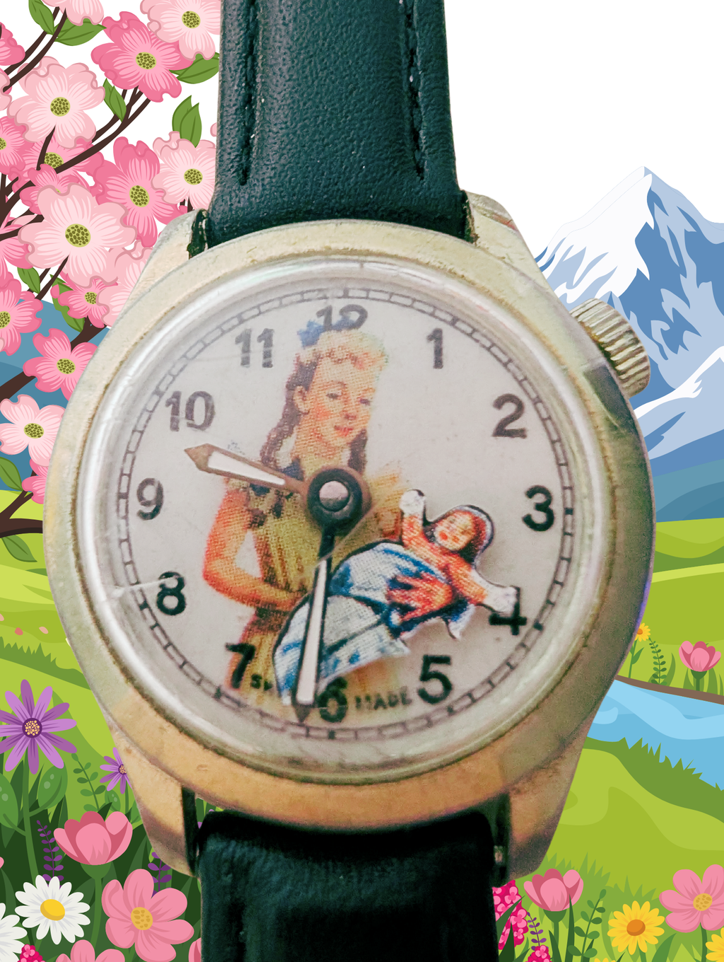 1950s U.S. Time Girl Rocking Baby Watch