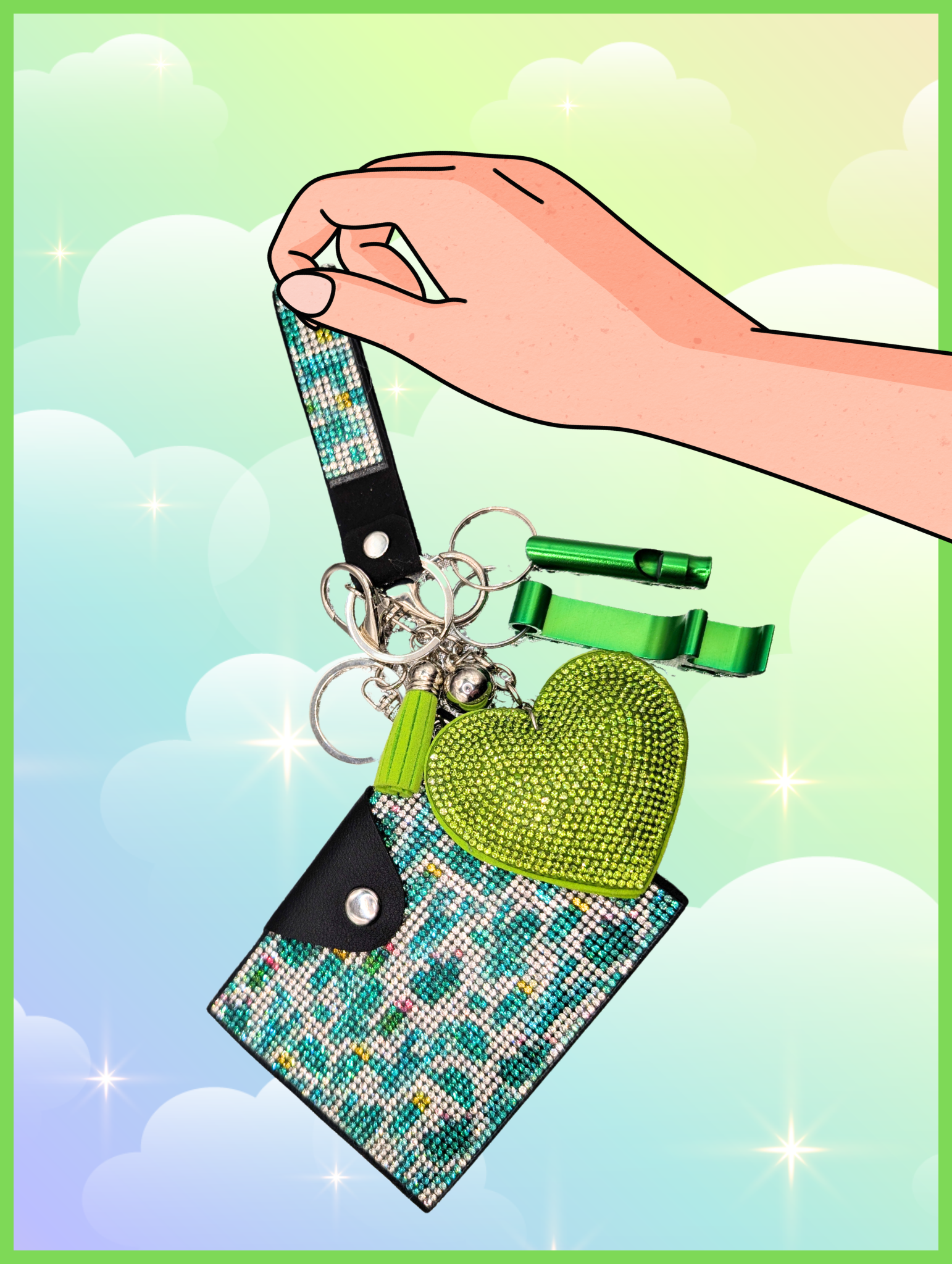 Patterned Wristlet Keychain Set – Green Heart Bling Edition