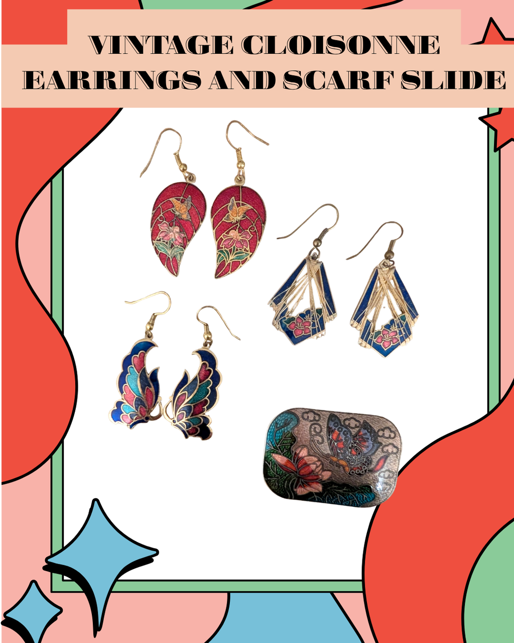 Vintage Cloisonné Earrings & Scarf Slide Set