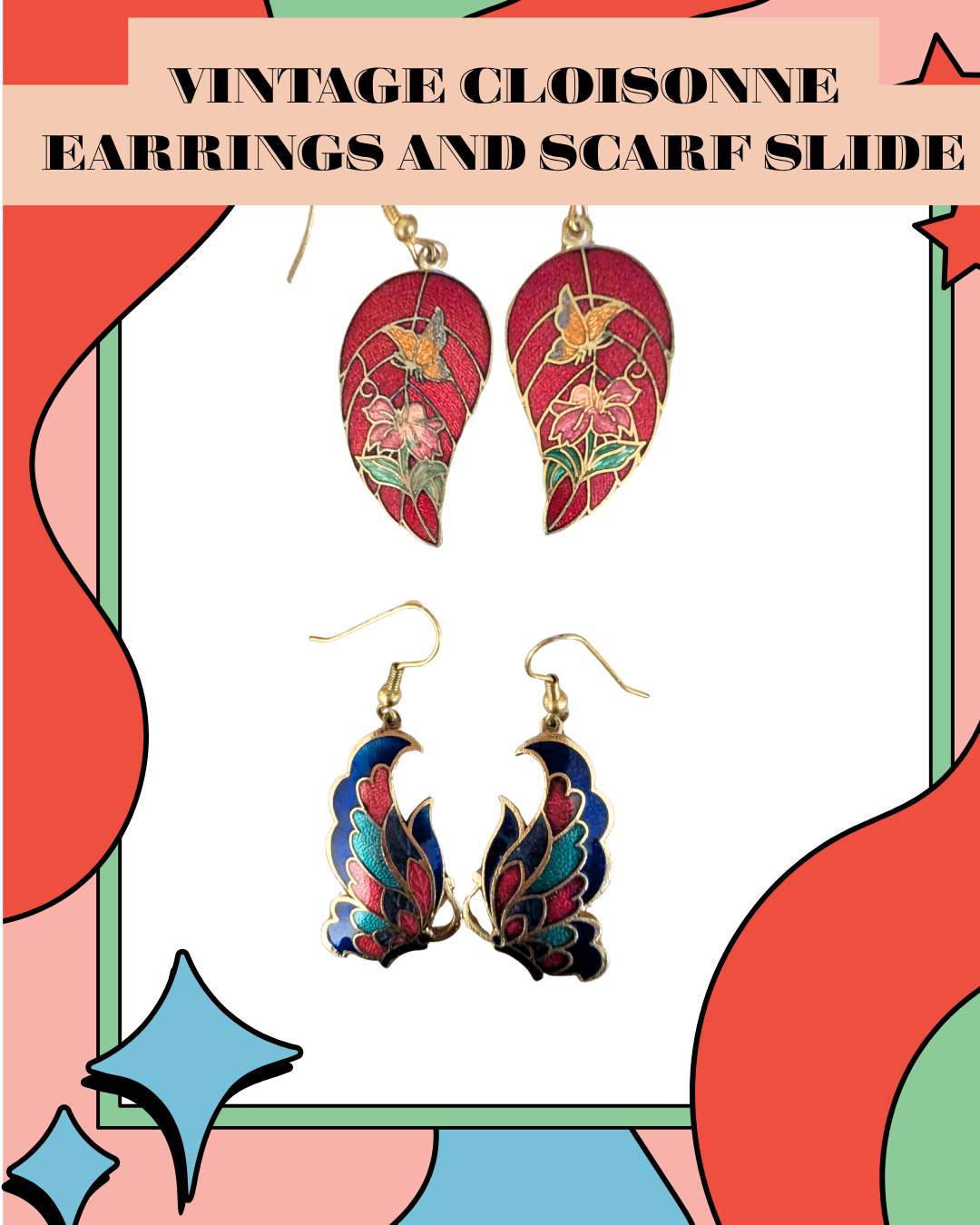 Vintage Cloisonné Earrings & Scarf Slide Set