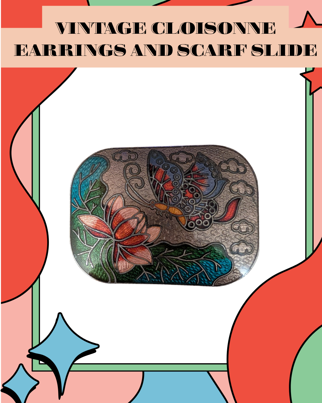 Vintage Cloisonné Earrings & Scarf Slide Set