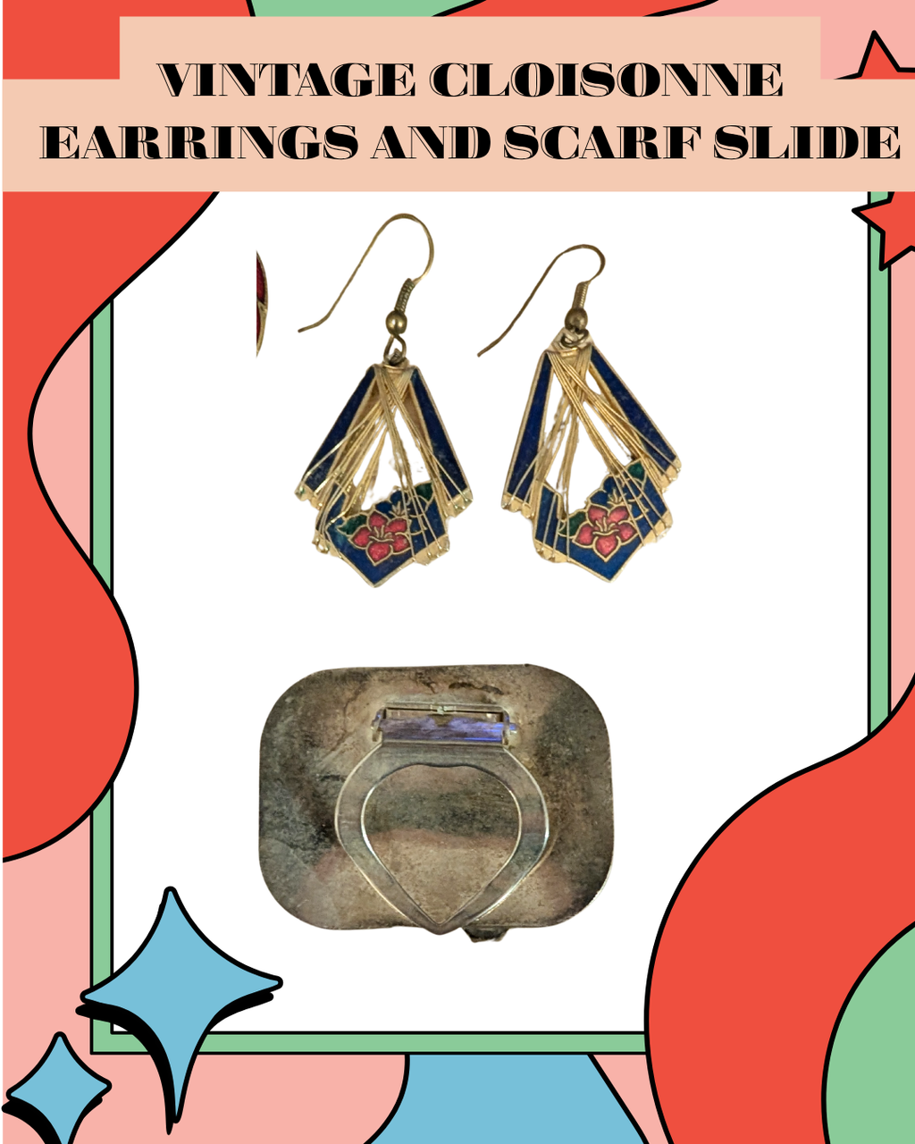 Vintage Cloisonné Earrings & Scarf Slide Set