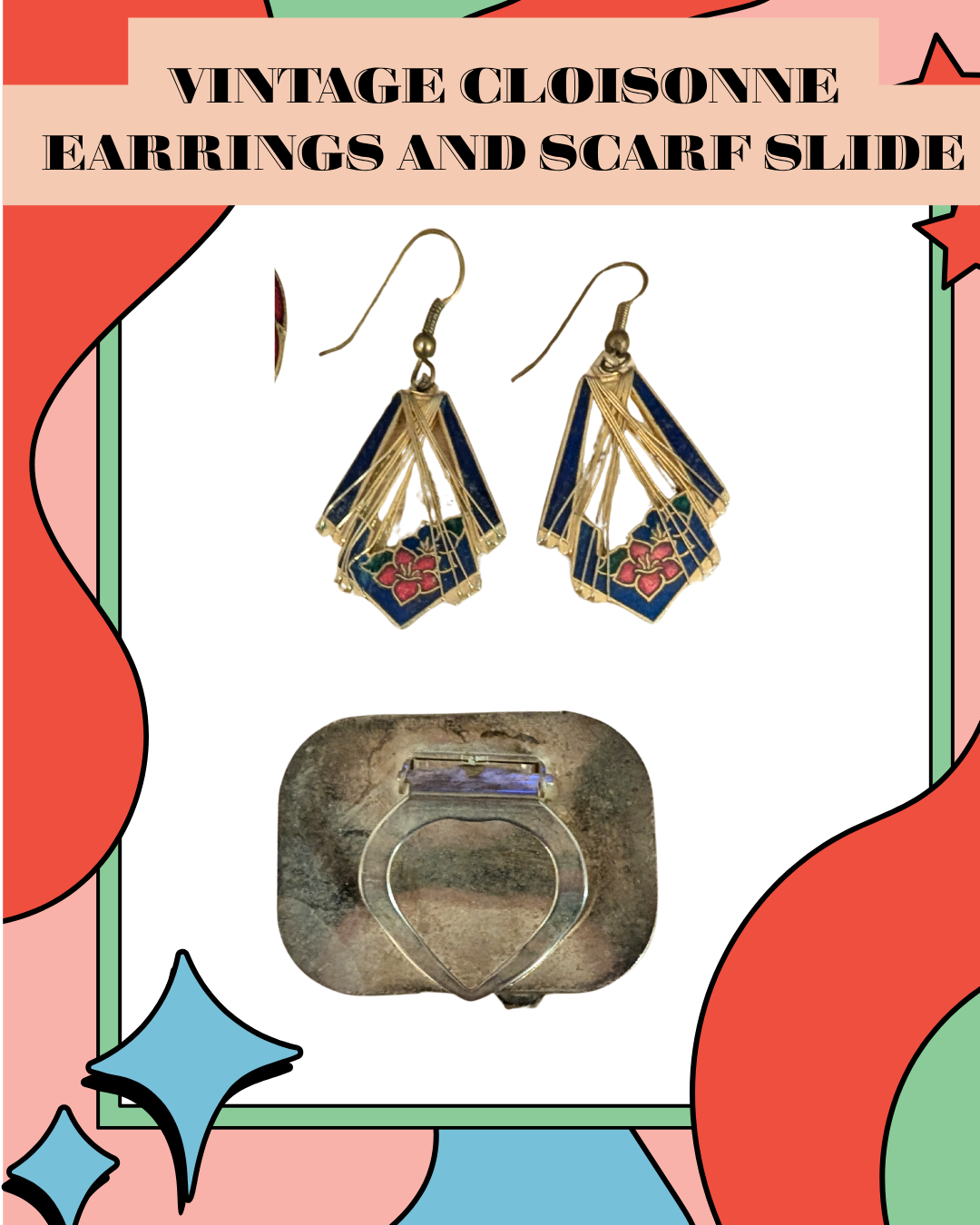 Vintage Cloisonné Earrings & Scarf Slide Set